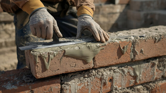 Hands spreading mortar onto bricks with a trowel. Outdoor construction site, natural light. Concept of masonry and building work.