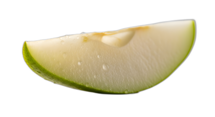 Refreshing close up macro shot of a single crisp green apple slice featuring tiny water droplets on transparent background