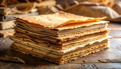 Stack of Rustic Matzah Crackers on a Wooden Table with Warm Lighting and Burlap Background