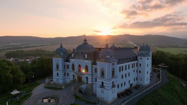 Aerial view of Halic Castle in the village of Halic in Slovakia - Sunset