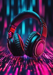 Stylish headphones illuminated by vibrant neon lights.