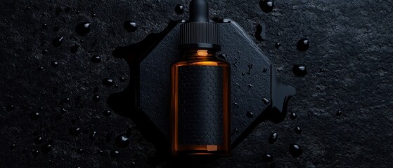 Dark amber dropper bottle on a textured surface.