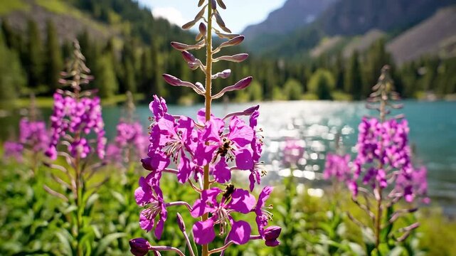 Vibrant purple fireweed flowers bloom beside a serene mountain lake on a sunny day.