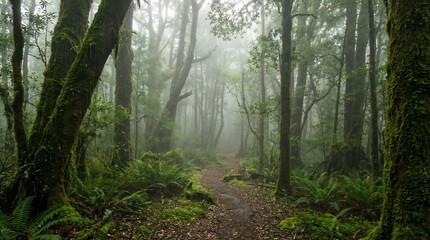 Misty forest path with mossy trees and ferns 2