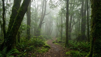 Misty forest path with mossy trees and ferns 3