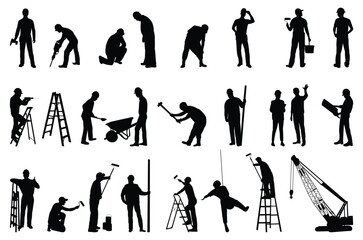 Silhouettes of Construction Workers Engaged in Various Building Activities. © Neko funny