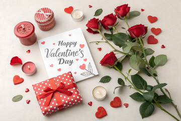 A festive arrangement of red roses, a greeting card, and a gift box for a romantic valentine's celebration