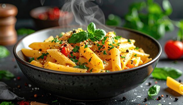 Steaming bowl of penne pasta with fresh herbs and spices on a dark textured background with tomatoes and basil leaves