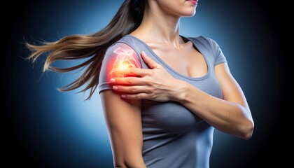 Woman holding her shoulder with highlighted pain area, illustrating joint discomfort, muscle strain, and upper body injury, ideal for healthcare, fitness, and medical concepts.