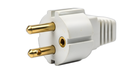 Close up of a European style electrical power plug featuring two brass pins and a grounding hole on white plastic casing on transparent background