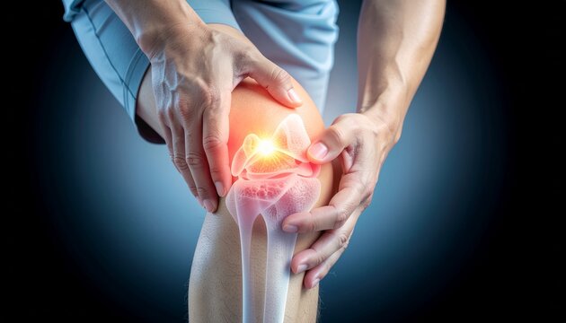 Conceptual medical image of a person holding a painful knee with highlighted joint area, illustrating knee pain, inflammation, injury, and musculoskeletal health issues.