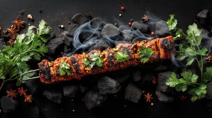 Skewers with meat and herbs are placed on hot stones. Smoke rises as flavors blend. Nighttime barbecue sets an exciting atmosphere for gathering with friends.