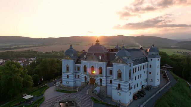 Aerial view of Halic Castle in the village of Halic in Slovakia - Sunset