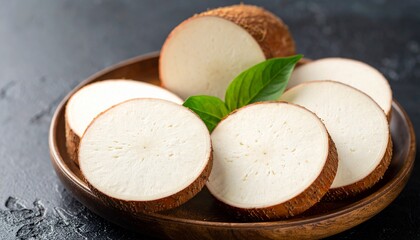 Fototapeta premium Fresh cassava root sliced and arranged on a wooden plate, photographed in studio lighting to illustrate traditional carbohydrate nutrition, wholesome ingredients, and healthy eating concepts.