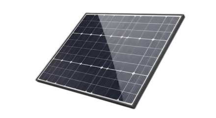 A single photovoltaic solar panel object angled slightly upward for energy generation design on transparent background
