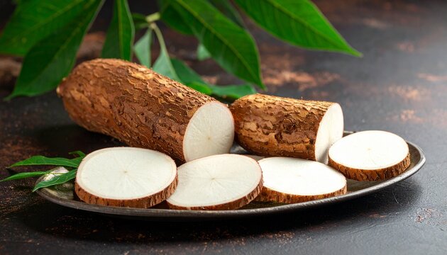 Fresh cassava root sliced on a plate with green leaves, captured in studio photography to illustrate traditional carbohydrate nutrition, natural ingredients, and healthy food concepts.