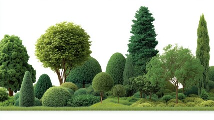 Various types of trees and bushes are arranged in a natural setting. The plants show different shapes and sizes. The scene takes place on a sunny day.