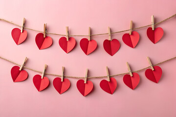 A collection of red paper hearts hanging on twine with clothespins against a pink background