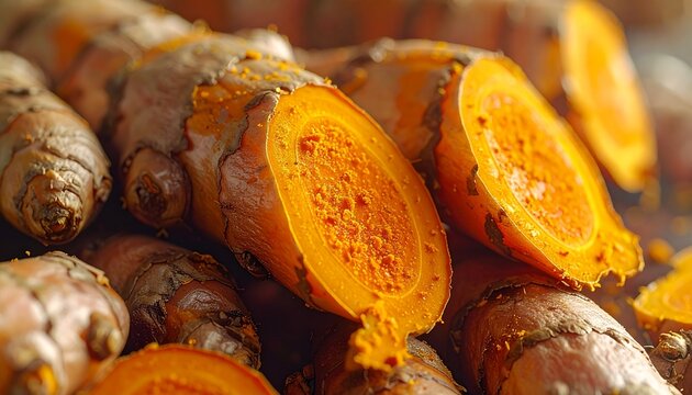 Fresh turmeric (kunyit) roots with sliced pieces in a warm macro studio composition. Natural herbal ingredient known for antioxidant, anti-inflammatory, wellness, and healthy cooking concepts.