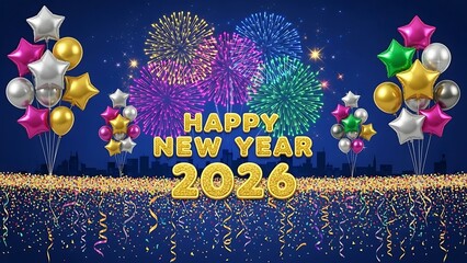 Happy New Year 2026 celebration card with a gold star symbol and merry Christmas greeting on a winter sky night background illustration vector