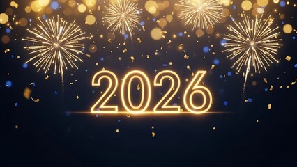 A happy new year celebration vector illustration featuring gold stars and fireworks for a 2026 holiday party card design