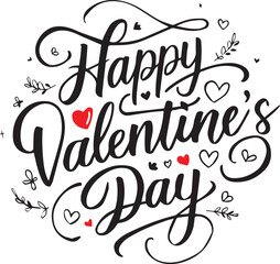 Happy Valentine&rsquo;s Day Hand Lettering Typography with Hearts &ndash; Romantic Love Vector Illustration