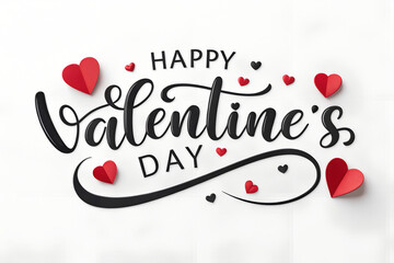 Happy valentine's day greeting card design with calligraphy text and red paper hearts on white background