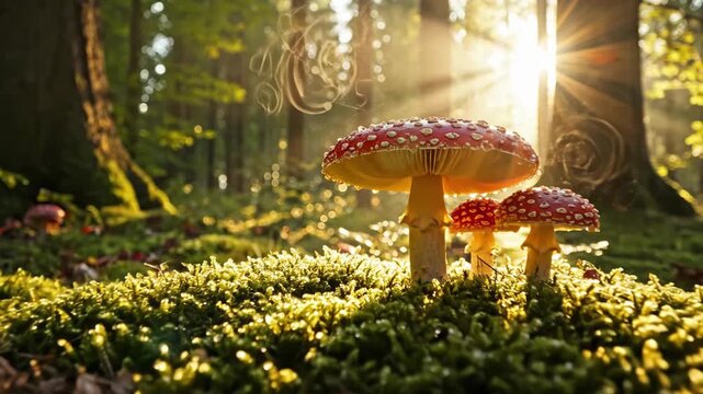 Sunlit forest floor revealing cluster of red-capped toadstool mushrooms in enchanted woodland. Magical nature scene with mossy ground and sunlight rays piercing through trees for fairy tale