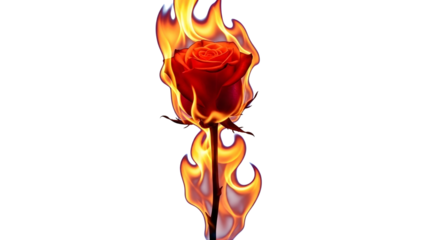 A vibrant red rose engulfed in fiery flames, symbolizing intense passion, burning love, and powerful emotion. A striking visual representation of desire and devotion