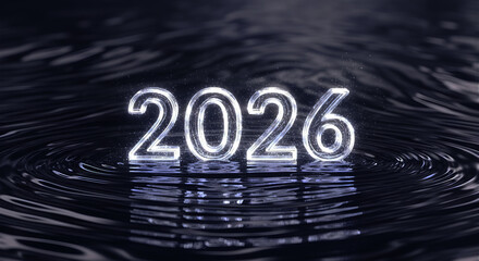 Glowing 2026 New Year Numbers Reflected on Dark Water Ripples