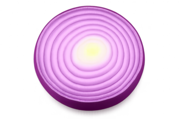 Sliced red onion half on a transparent background, food preparation.