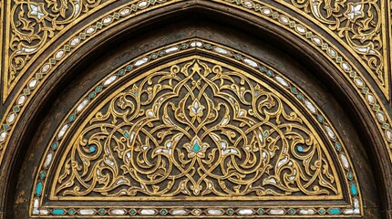 Ornate gold and turquoise inlaid archway with intricate floral patterns