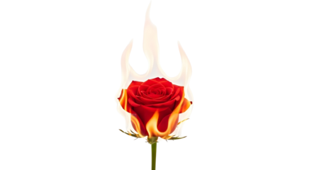 A red rose ablaze with fire, symbolizing passion, love, and destructive desire
