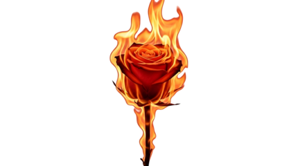 Fiery Red Rose Ablaze in Intense Flames on a White Background