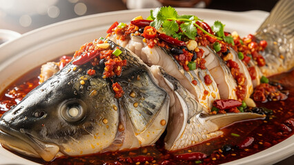 Delicious steamed fish with fiery chili sauce, a traditional culinary delight bursting with bold flavors and aromatic spices, perfect for a memorable meal at home or a special celebration