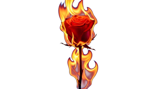 A vibrant red rose engulfed in fiery flames, symbolizing intense passion, burning love, and powerful emotion. A striking visual representation of desire and devotion