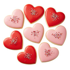 Heart Shaped Sugar Cookies With Icing feature glossy red pink royal icing topped with colorful sprinkles. Sweet treats perfect for Valentine Day celebrations. Isolated on transparent background, png.