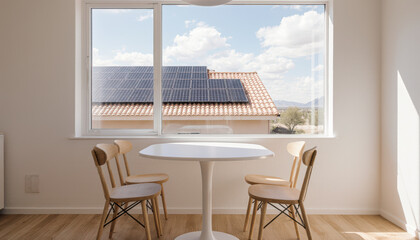 Fototapeta premium Bright and modern dining area features round white table and two wooden chairs, with view of solar panels on roof outside. scene conveys sense of sustainability and contemporary living
