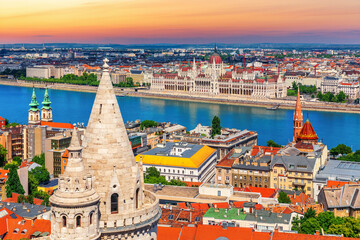 Skyline view from above on Parliament building and the Danube river, Budapest, Hungary