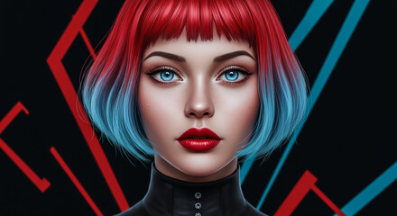 Captivating digitally rendered portrait of a striking young woman with dramatic red and blue hair, intense blue eyes, and bold red lips.