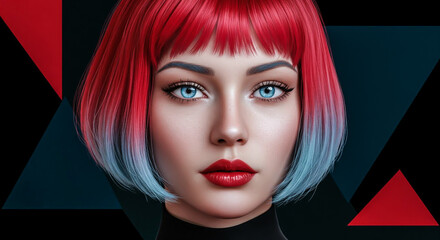 Striking digital portrait against geometric background.