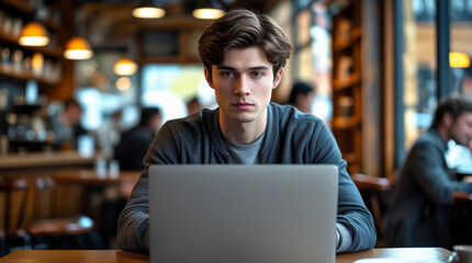 Obraz premium Handsome young businessman sitting in a city cafe working on his laptop with a casual smiling face