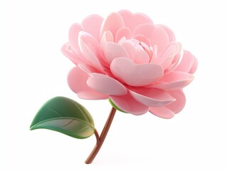 Pale pink camellia flower with dark green leave icon on white background