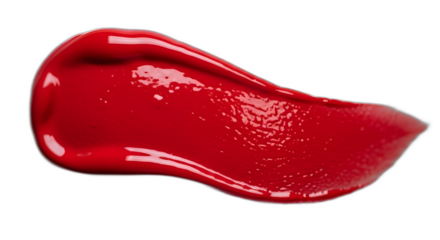 Vivid glossy red lipstick smear texture sample demonstrating rich pigmented color swipe on transparent background