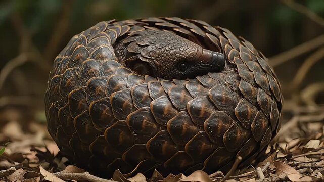 Unique pangolin curled into a protective ball in its natural forest habitat
