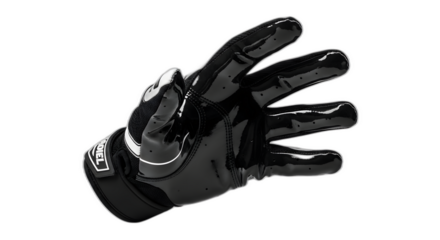 Sleek black patent leather sports receiver glove showcasing high grip palm detail and adjustable wrist strap on transparent background
