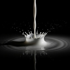 a milk splash against a black background, with droplets and ripples on the surface, creating a dynamic, abstract effect