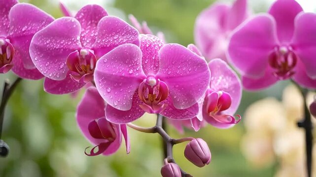 Close up of vibrant pink orchids with water droplets in soft focus garden background.