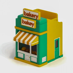 3D Market Store Icon with Green and Yellow Awning on white background,3d products photography,3d bakery icon with copy space 