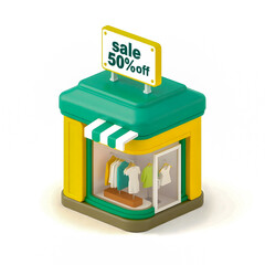 market, logo, 3d, brand, modern commerce, clean lines, a bright white building, striking green awnings, bold yellow signs, a welcoming small business, the hum of a local food market, simple retail dis